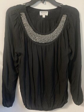 MSSP Max Studio Specialty Products Black Beaded Pleated Blouse Shirt Top Size XS